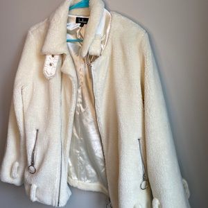 Lulu‘s snowy nights silk lined white moto jacket